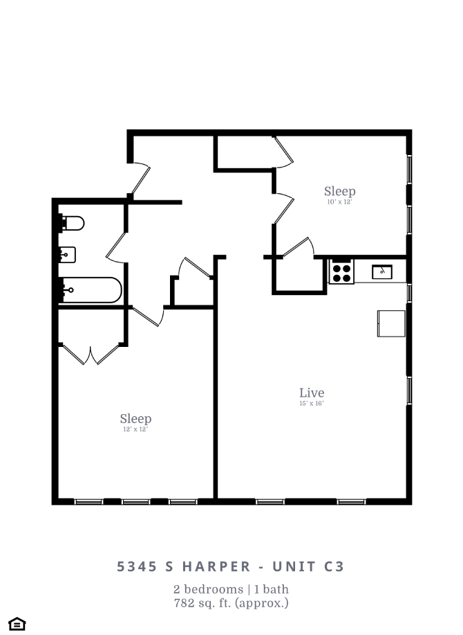 Floor plan for 2 beds, 1 bath, 762 sqft